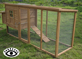 Photo of a commercially available flat roofed chicken hutch.