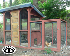 Photo of a  larger homemade chicken hutch.
