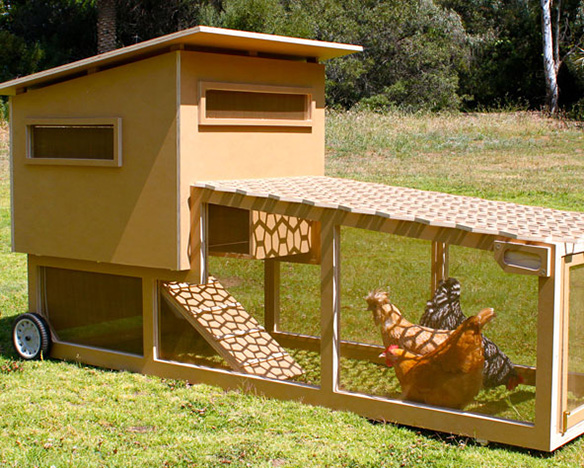 Large photo of a home made chicken tractor with wheels at one end
